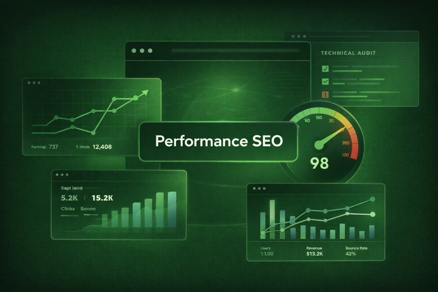Performance SEO dashboard visual showing technical audit checks, ranking growth charts, traffic metrics, and revenue attribution indicators on a green background