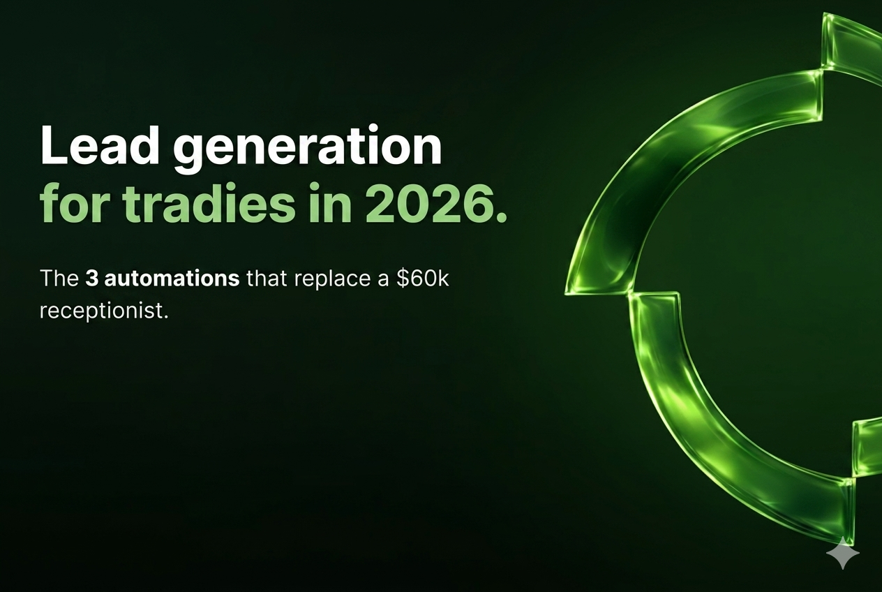 Lead generation for tradies in 2026 — the 3 automations that replace a $60K receptionist. Blog article hero image by Chad Scales.
