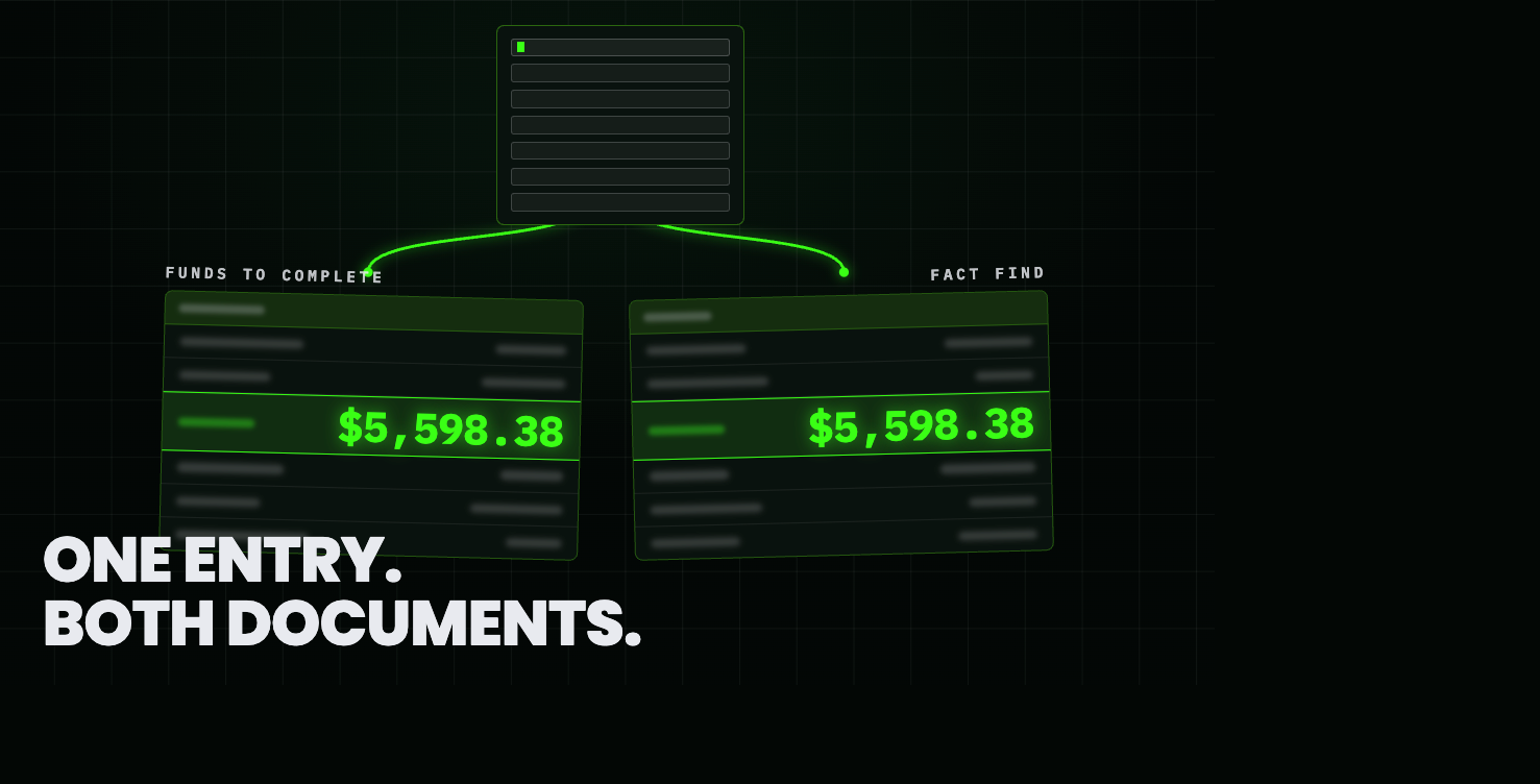 One data entry feeding a funds to complete and a fact find, both showing the same $5,598.38 repayment.